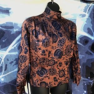 Levante vintage silk charmeuse blouse copper/cobalt, w/ skinny scarf, 10